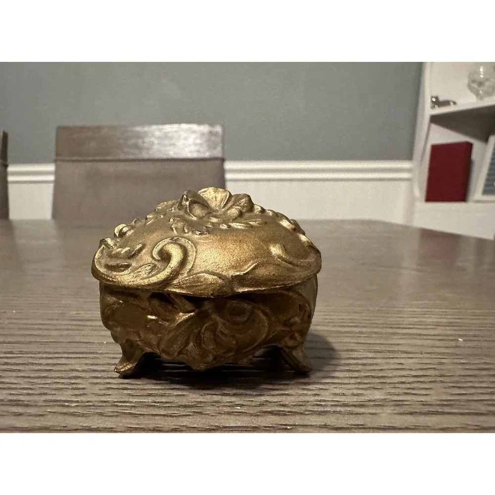 Antique Art Nouveau Trinket Box Small Dresser Jewelry Casket Gold Victorian Vtg